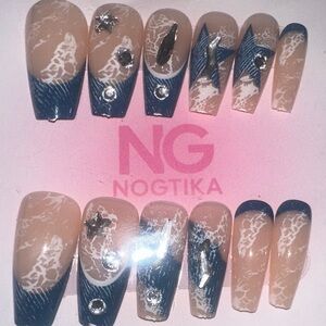 Blue and Nude Press-On Nails with Star Accents